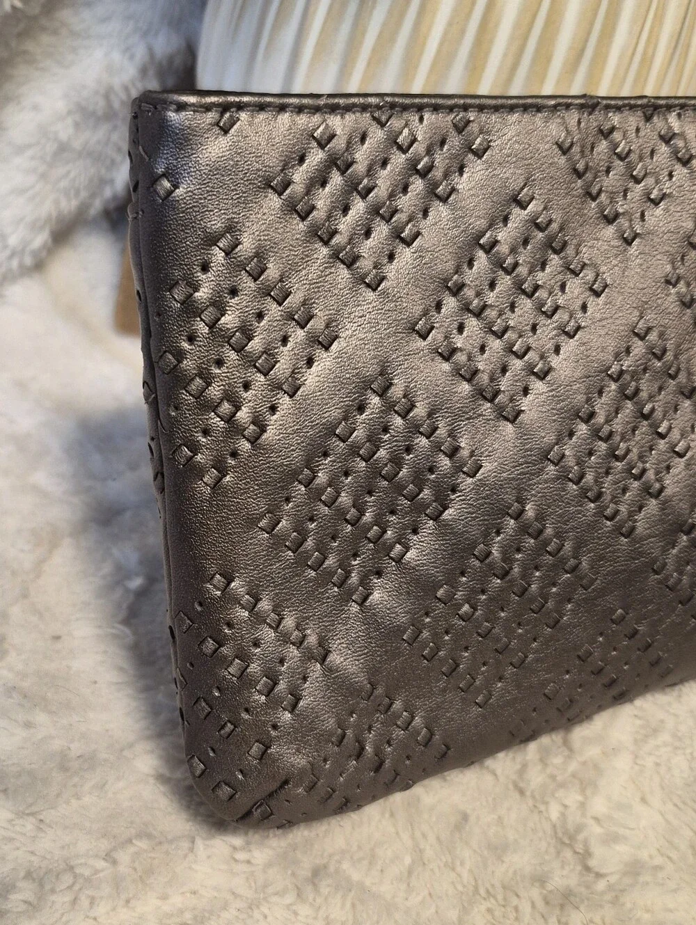 NEW Coach Madison Wristlet Pewter Metallic Woven Leather Wallet Clutch Zip Close